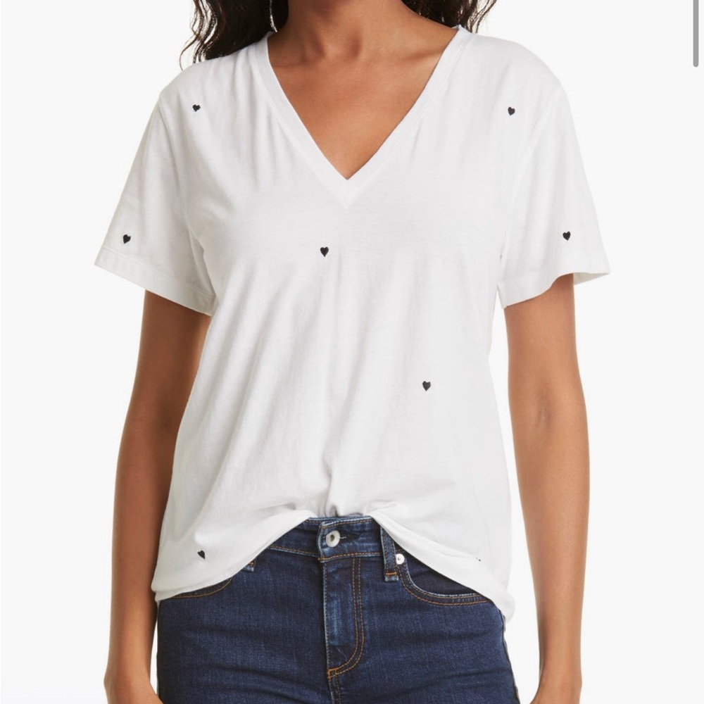 Rails Cara Embroidered Black Mini Hearts Women’s White V-Neck Shirt